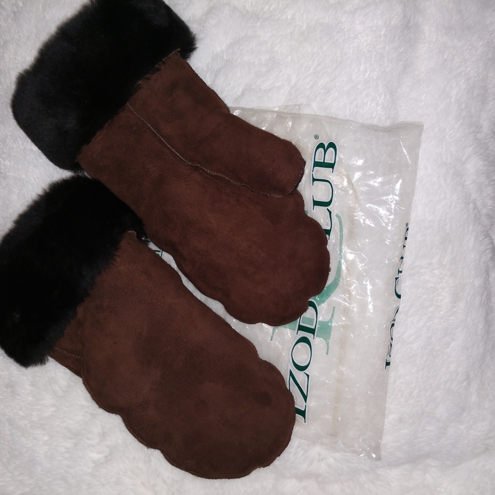 IZOD Brown Suede Mittens with Black Fur Trim